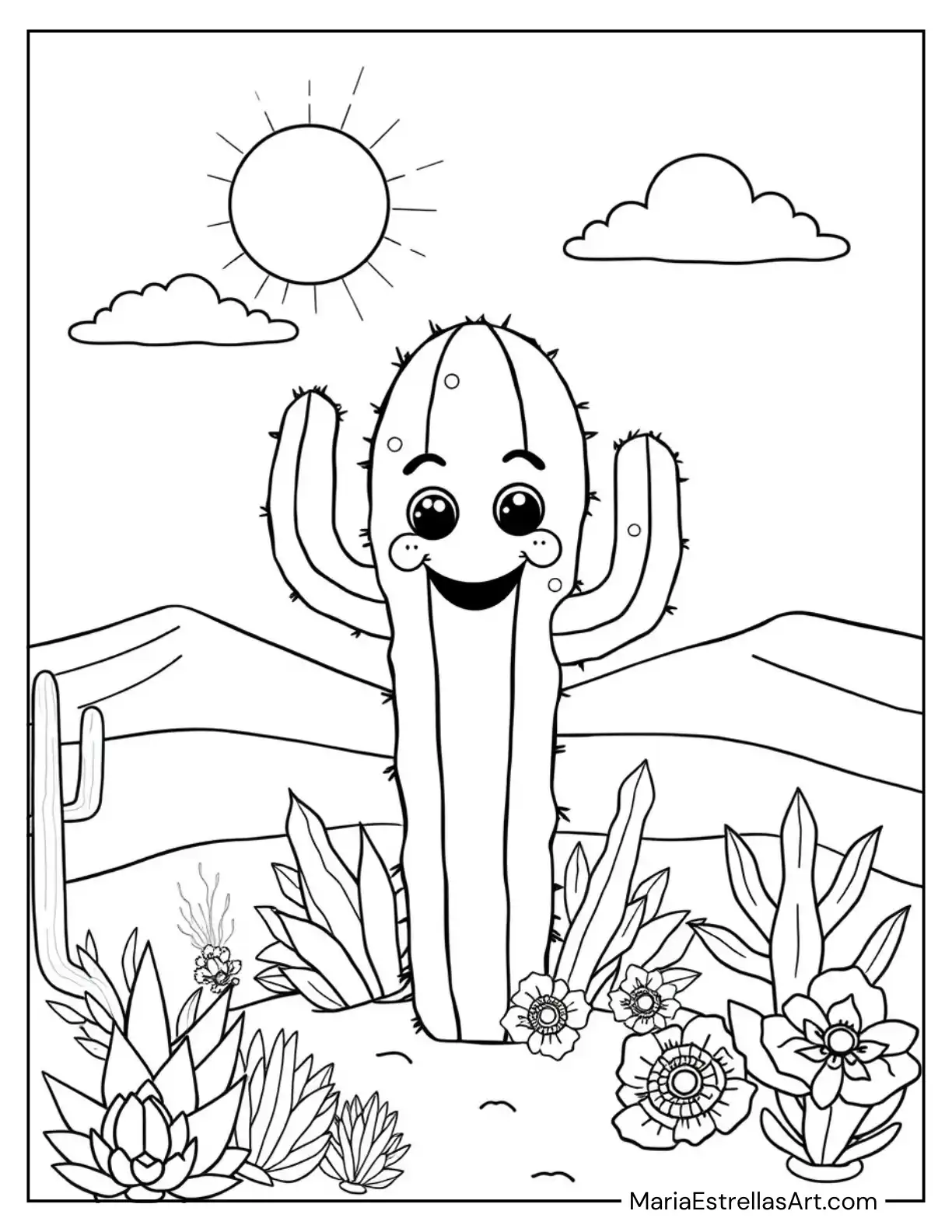 Cheerful Cactus in a Desert Coloring Page