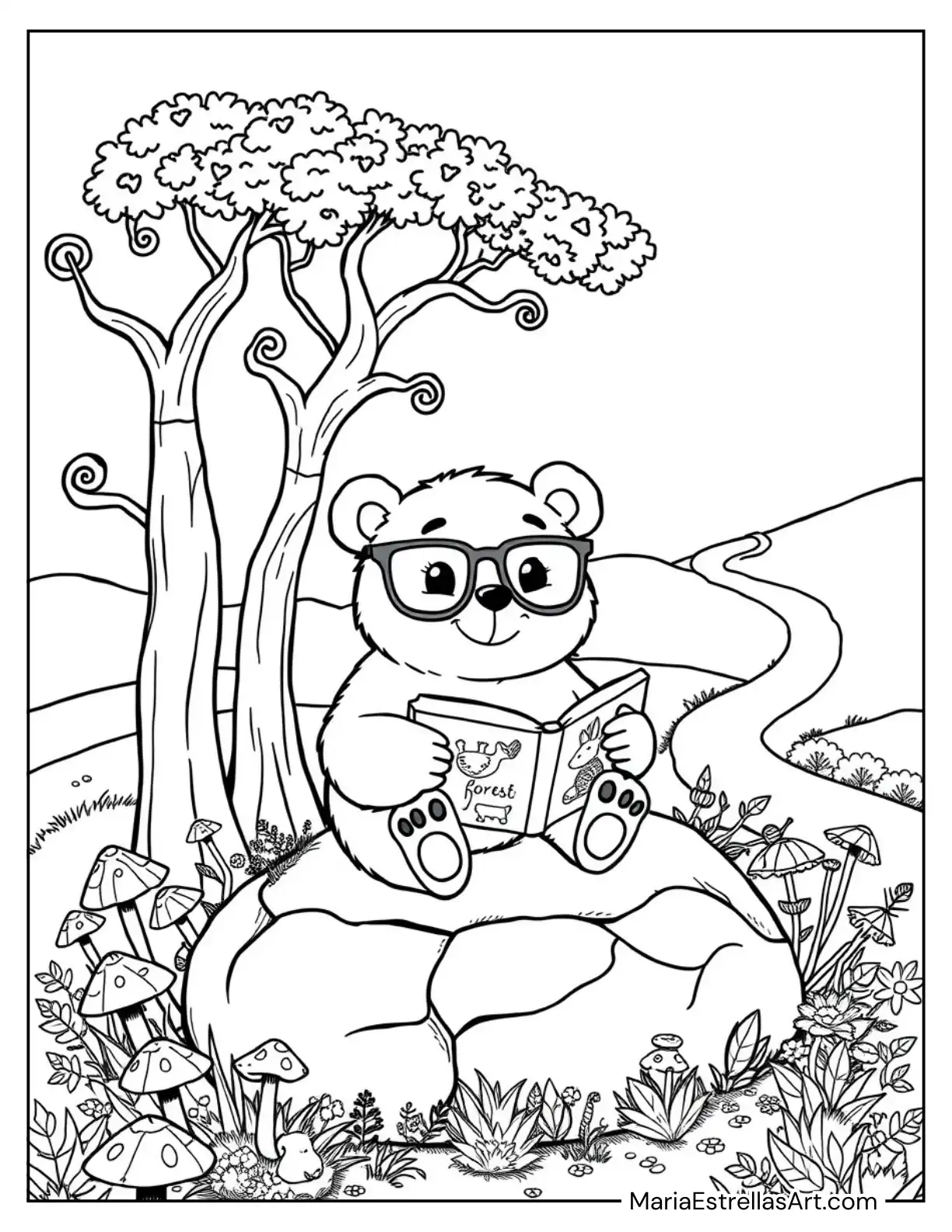 Chibi Bear with Glasses Enjoying a Book in a Cozy Forest Coloring Sheet