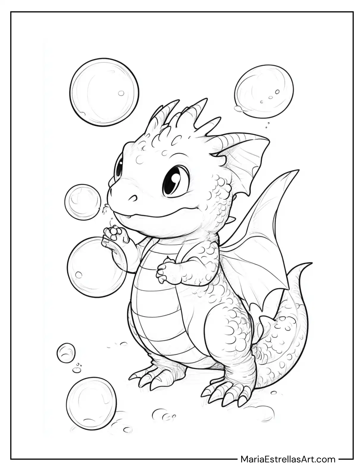 Chibi Dragon Playing With Bubbles to Color for Kids