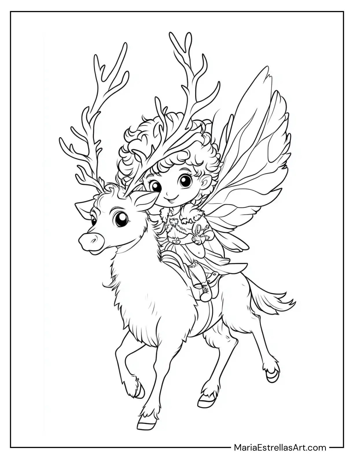 Chibi Fairy Riding a Reindeer to Color for Kids