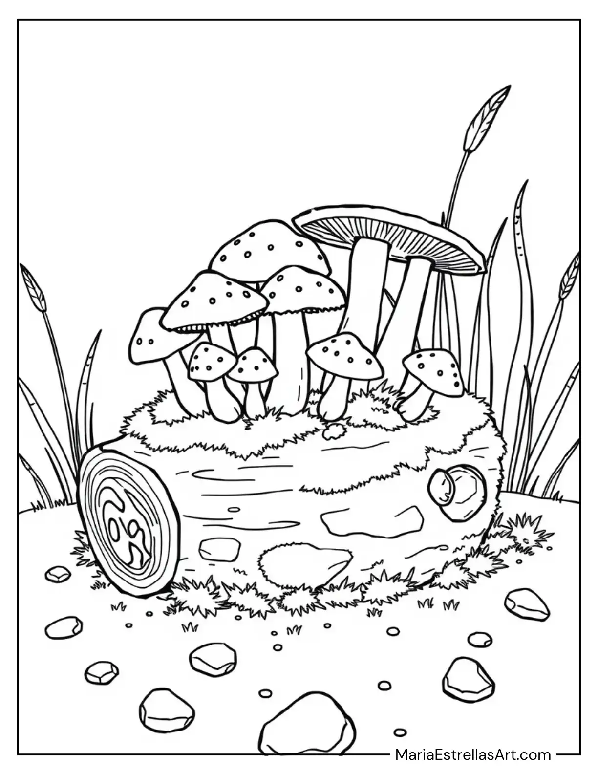 Cluster of Mushrooms Growing on a Mossy Log Coloring Page