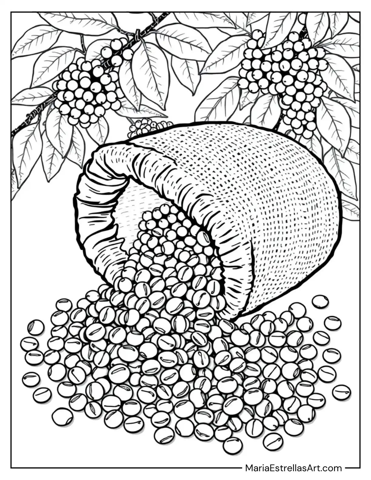 Coffee Beans Spilling Out of a Burlap Sack Coloring Page