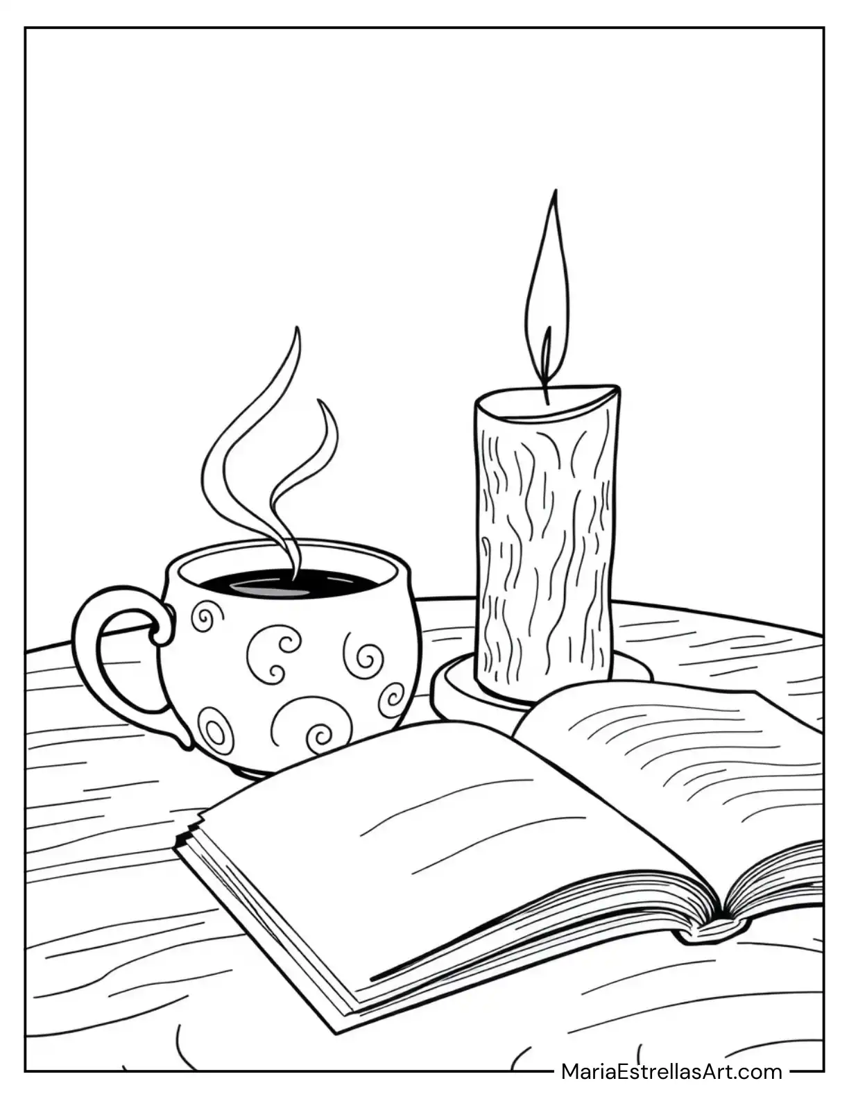 Coffee Cup Sitting Beside a Candle and an Open Journal Coloring Sheet