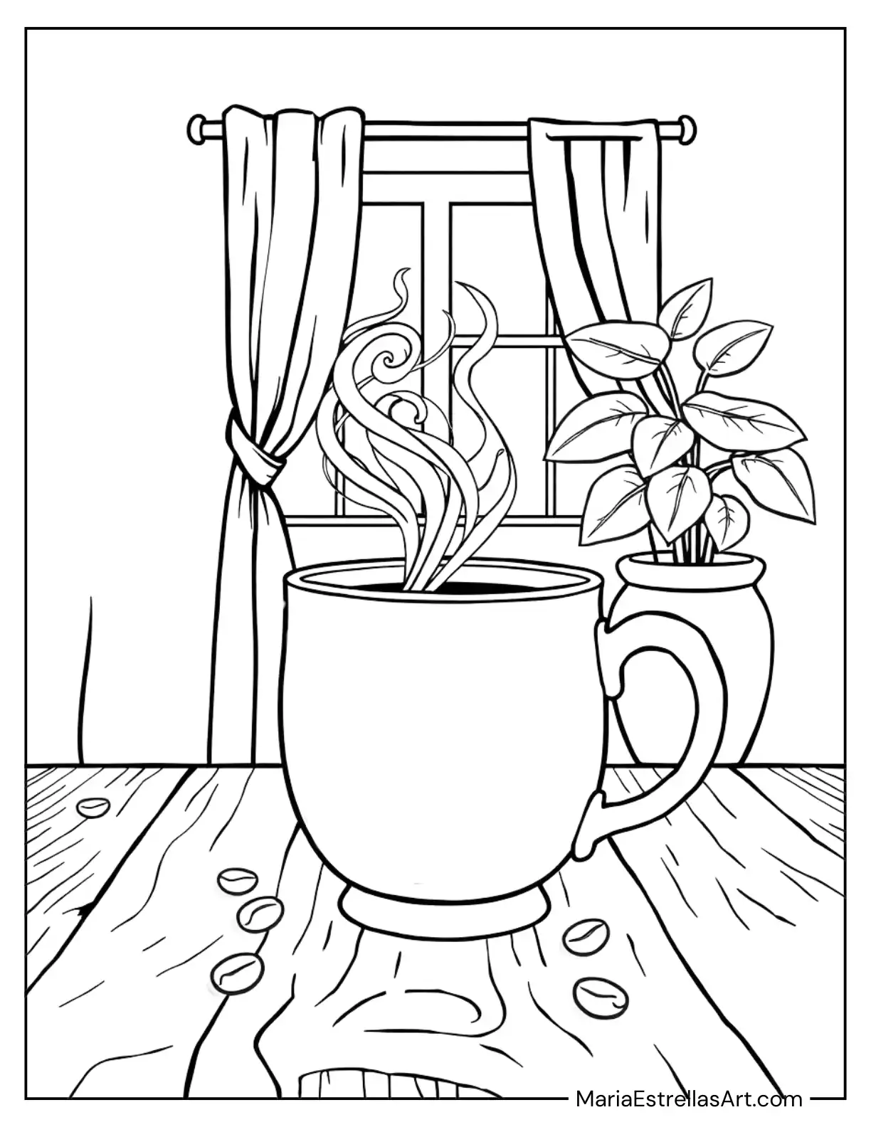 Coffee Cup Sitting on a Rustic Wooden Table Coloring Sheet