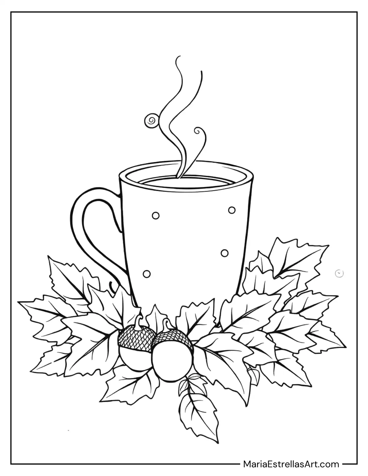 Coffee Cup Surrounded by Autumn Leaves and Acorns Coloring Sheet