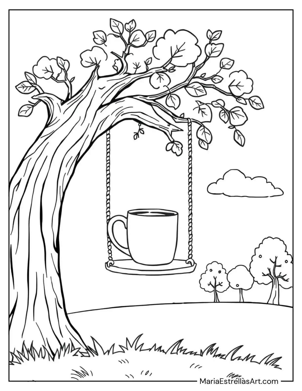 Coffee Mug Balanced on a Swing Hanging in a Tree to Color for Kids