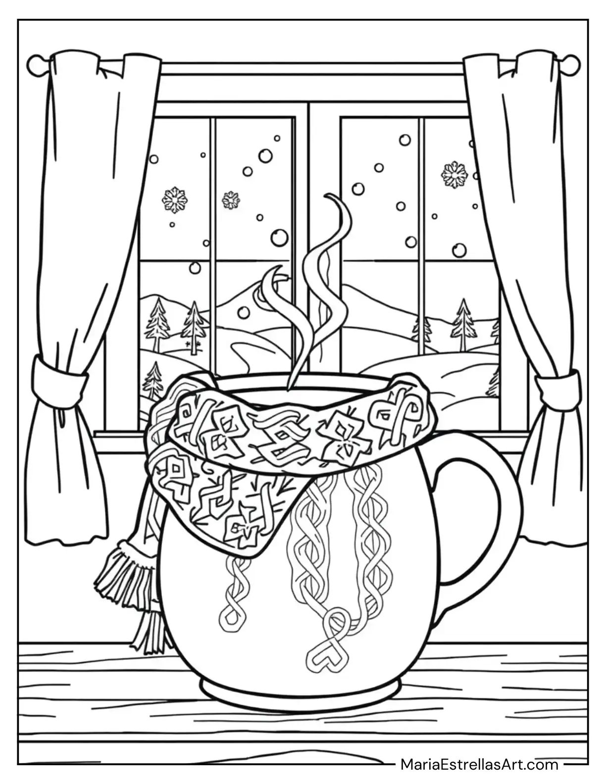 Coffee Mug Wrapped in a Scarf with Snow Falling Outside Coloring Page