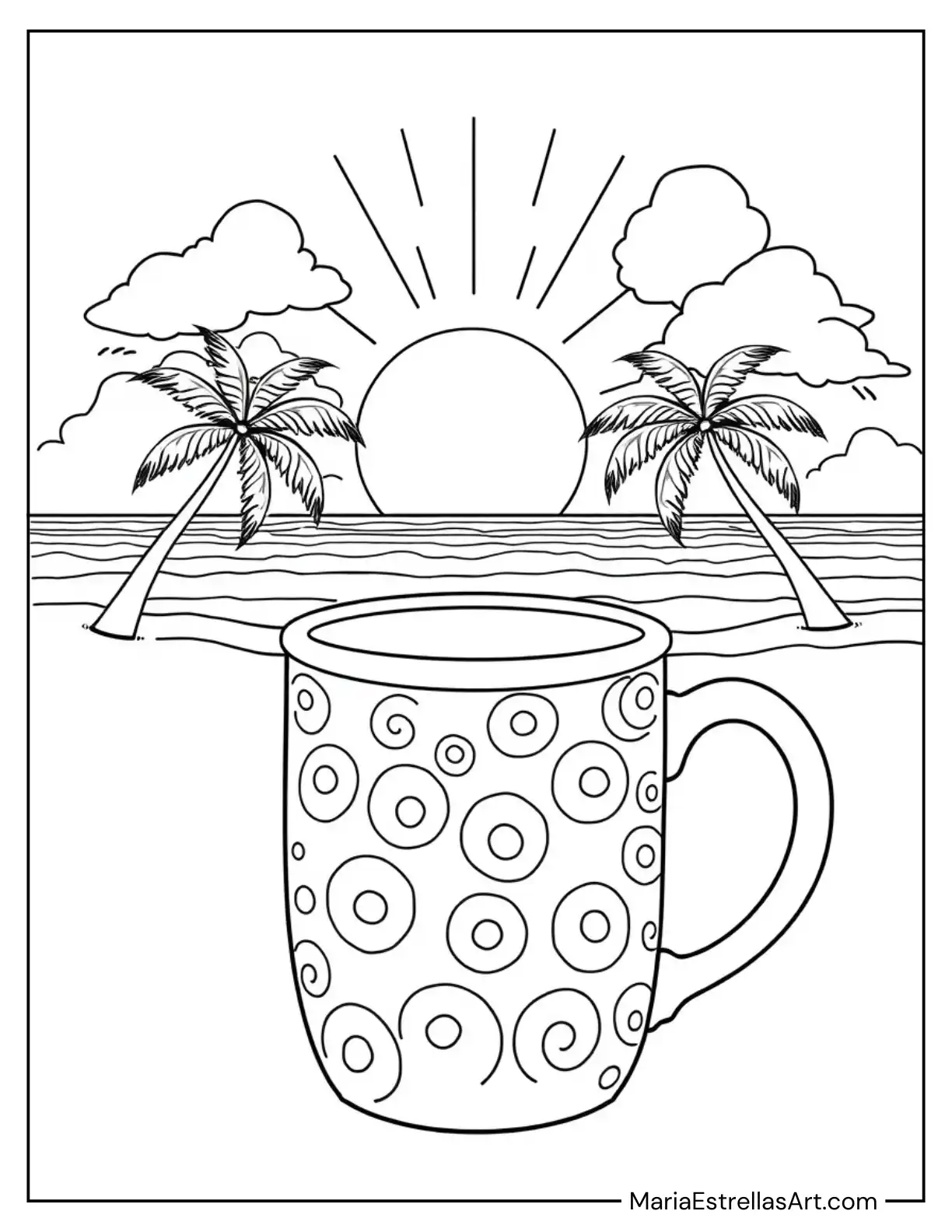 Coffee Mug in Front of a Sunrise Over a Beach Scene Coloring Page