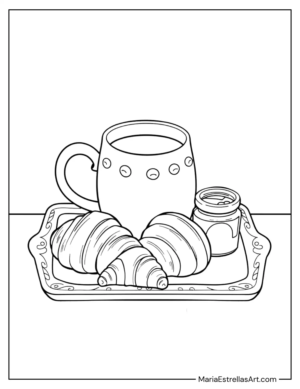 Coffee Mug on a Tray with Croissants and Jam Coloring Page