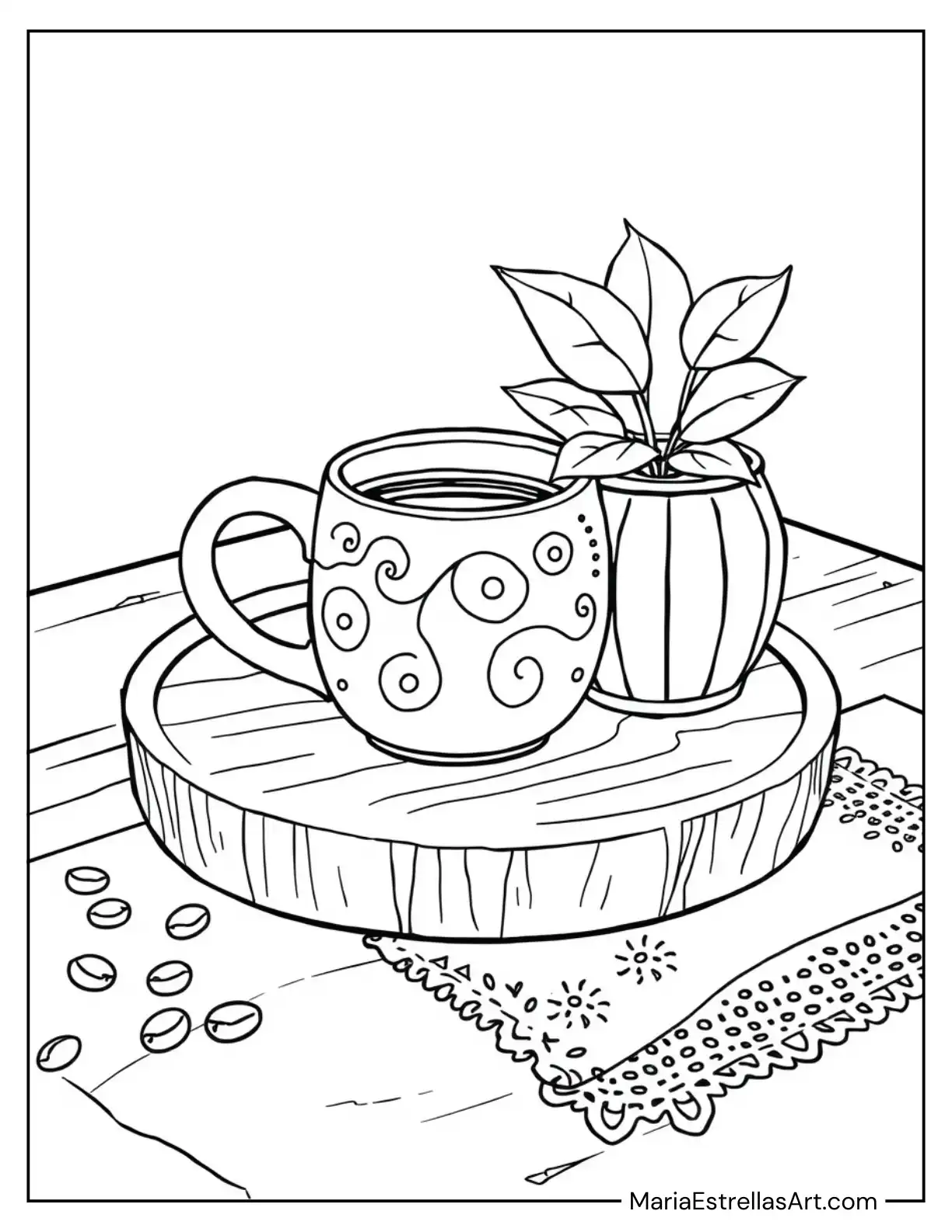 Coffee Mug on a Wooden Tray with a Small Plant Coloring Sheet