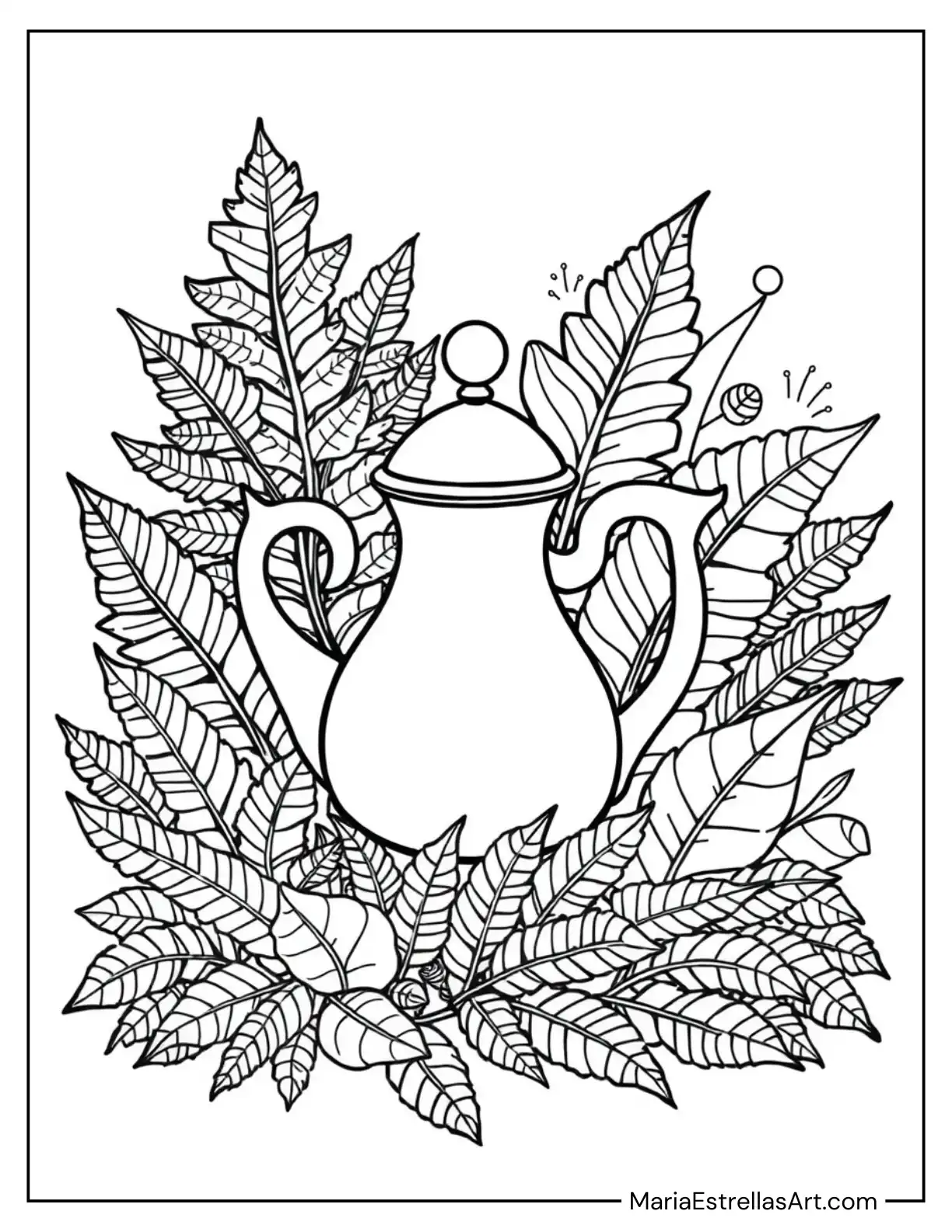 Coffee Pot Surrounded by Ferns and Tropical Plants to Color for Kids