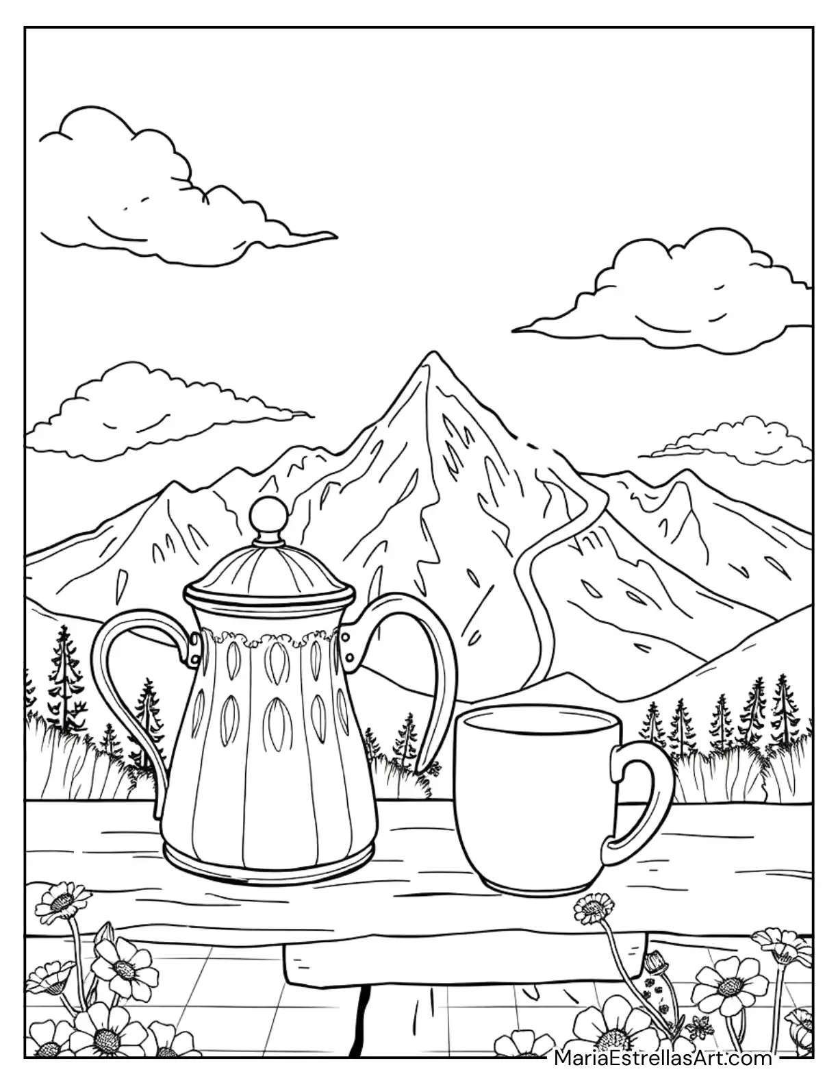 Coffee Pot and Mug on a Table Overlooking the Mountains Coloring Page