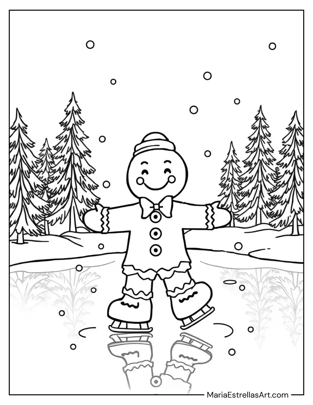 Coloring Page of a Gingerbread Man Skating on Ice