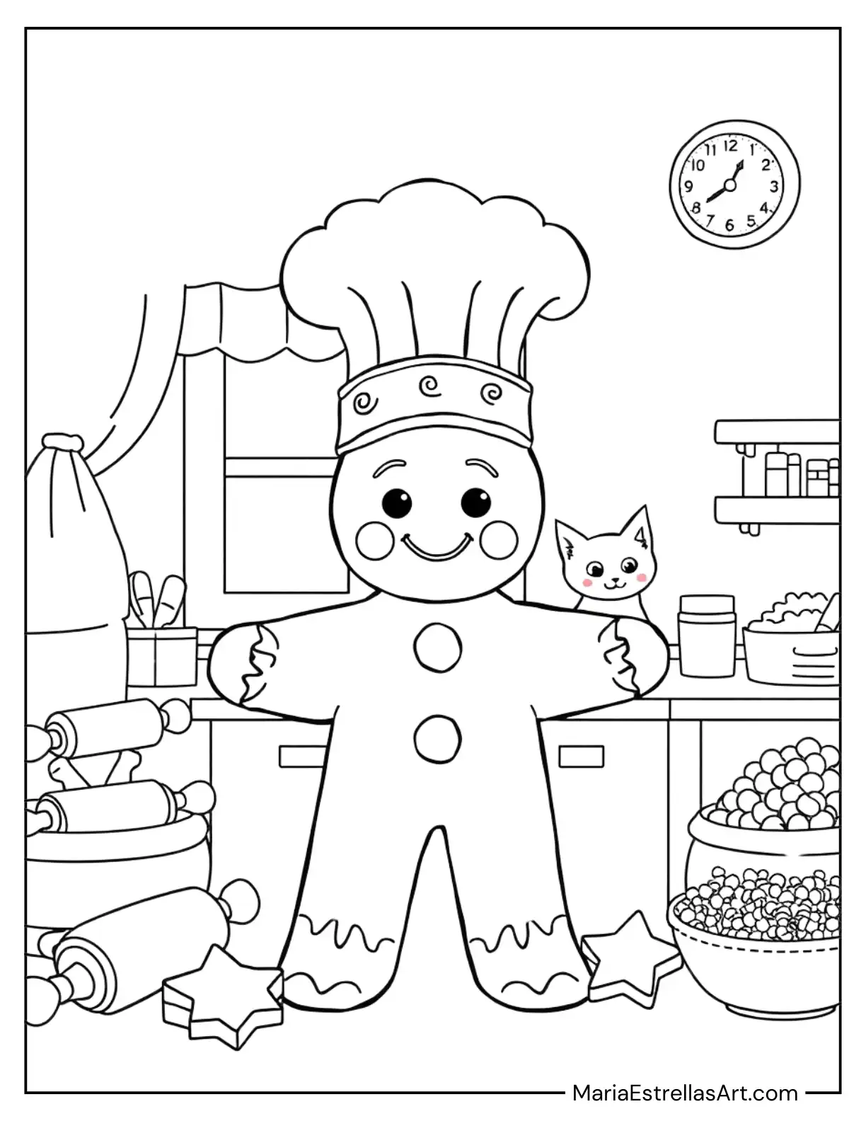 Coloring Page of a Gingerbread Man Wearing a Chef’s Hat