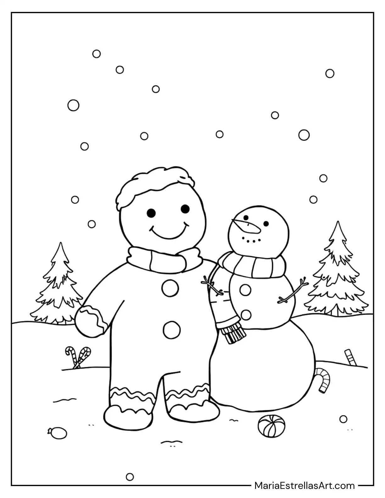 Coloring Sheet of a Gingerbread Man Building a Snowman