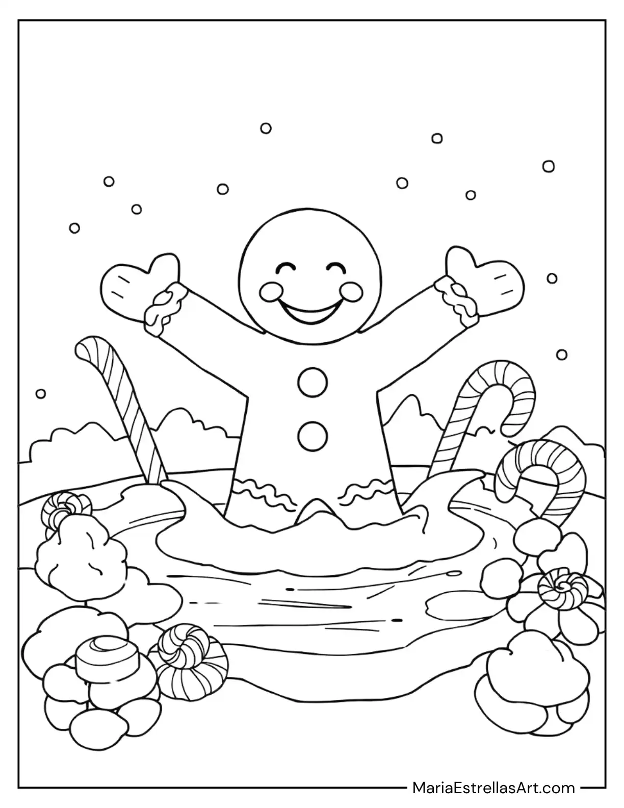 Coloring Sheet of a Gingerbread Man Playing in a Pond