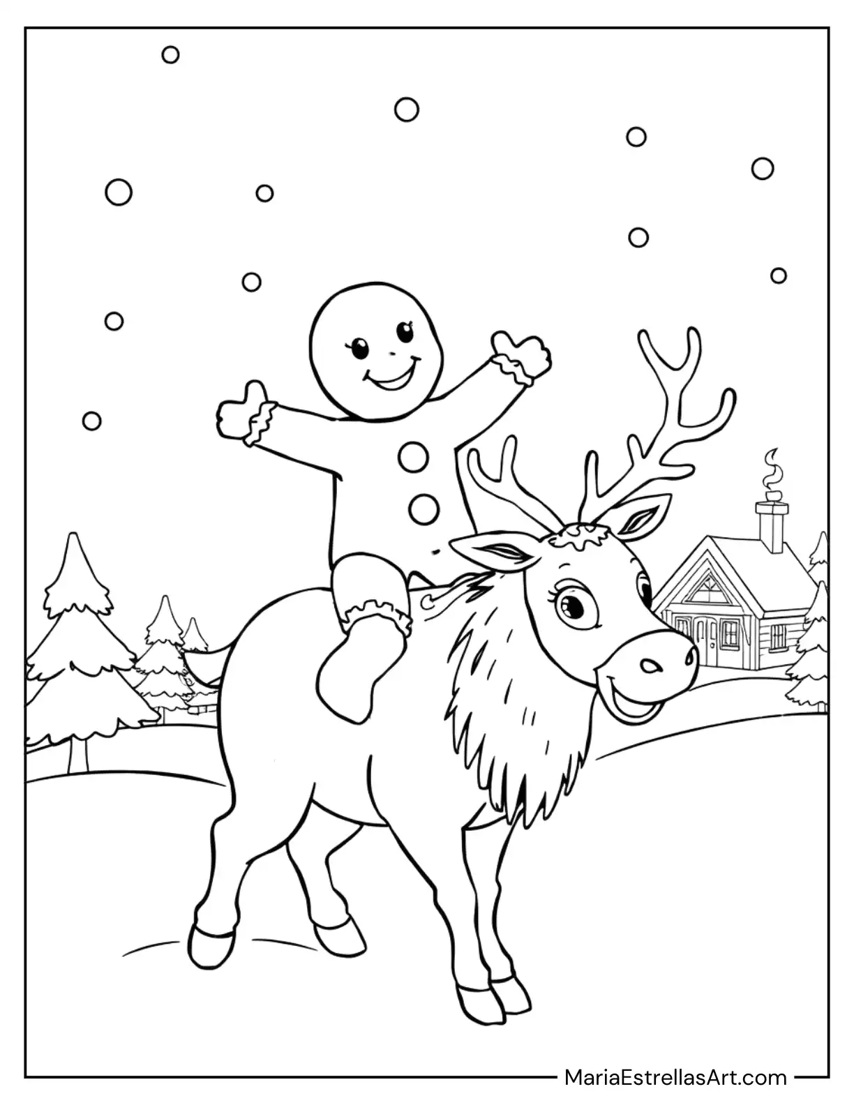 Coloring Sheet of a Gingerbread Man Riding a Reindeer