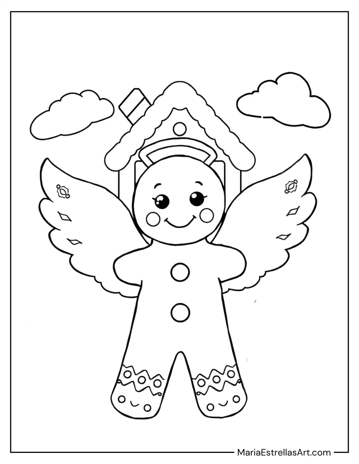 Coloring Sheet of a Gingerbread Man with Angel Wings