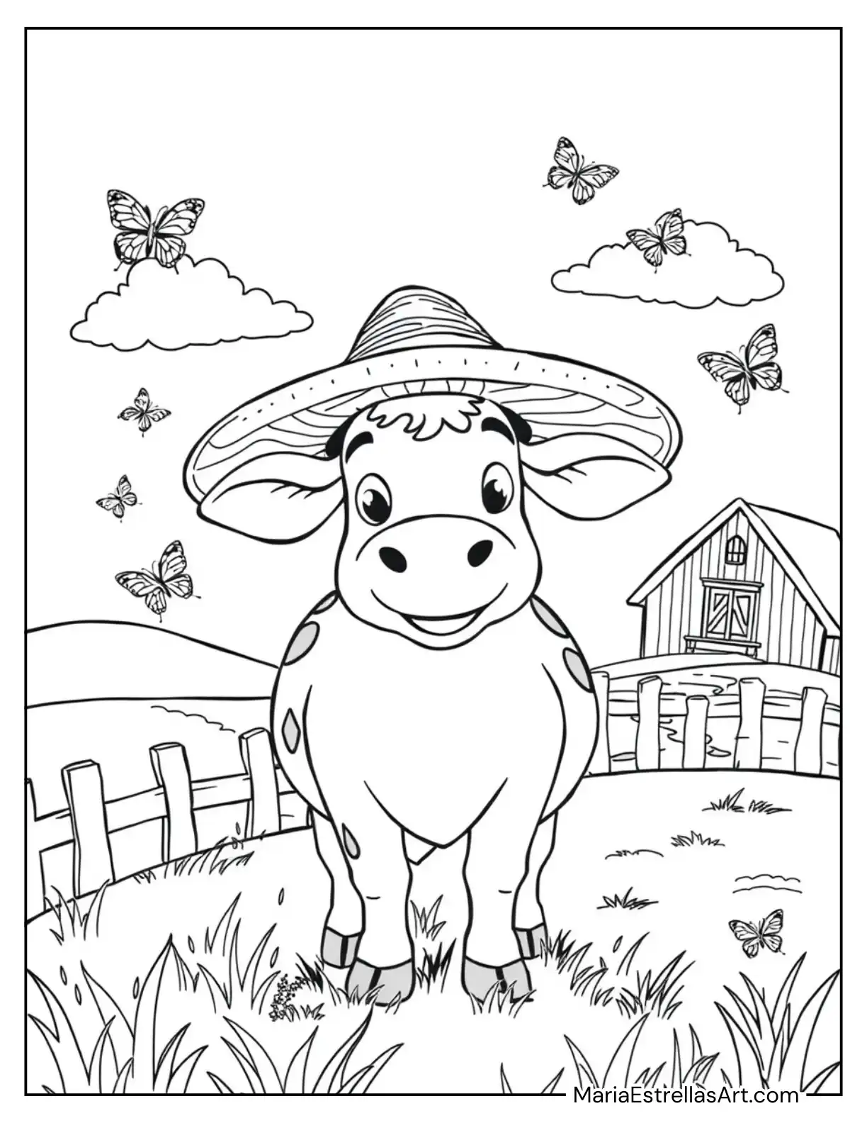 Country Cow with a Straw Hat to Color for Kids