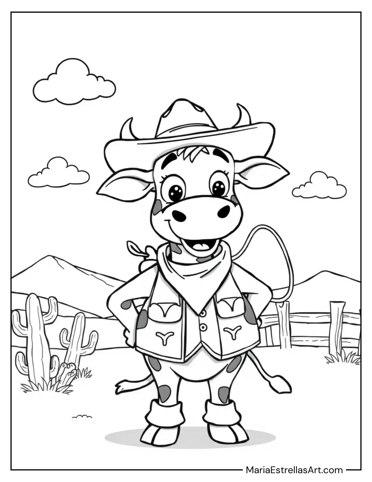 Cow Dressed as a Cowboy with a Lasso Coloring Sheet