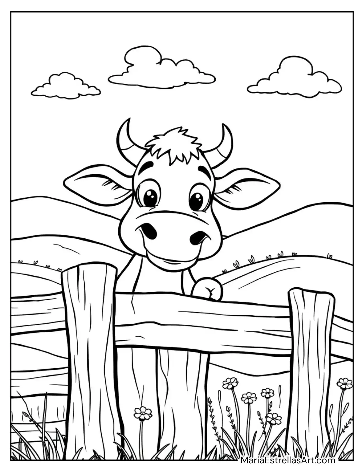 Cow Peeking Over a Fence Coloring Page