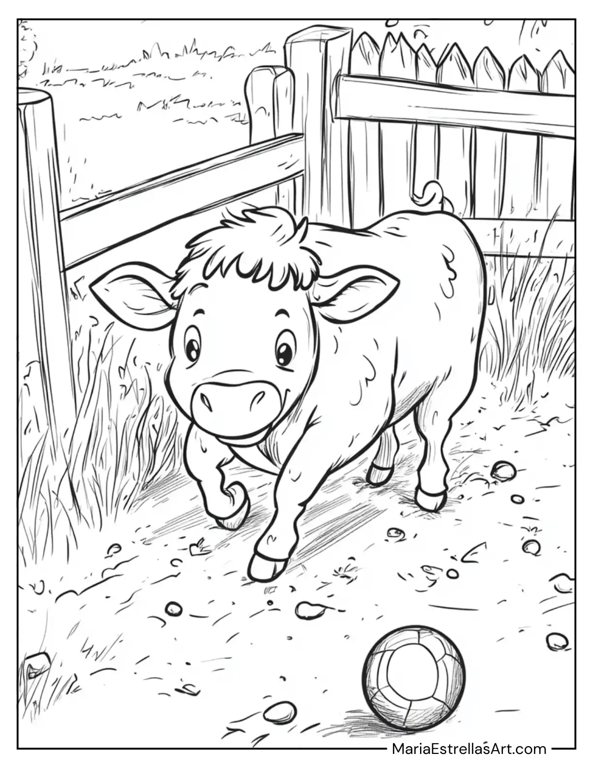 Cow Playing With a Ball in a Sunny Yard Coloring Page