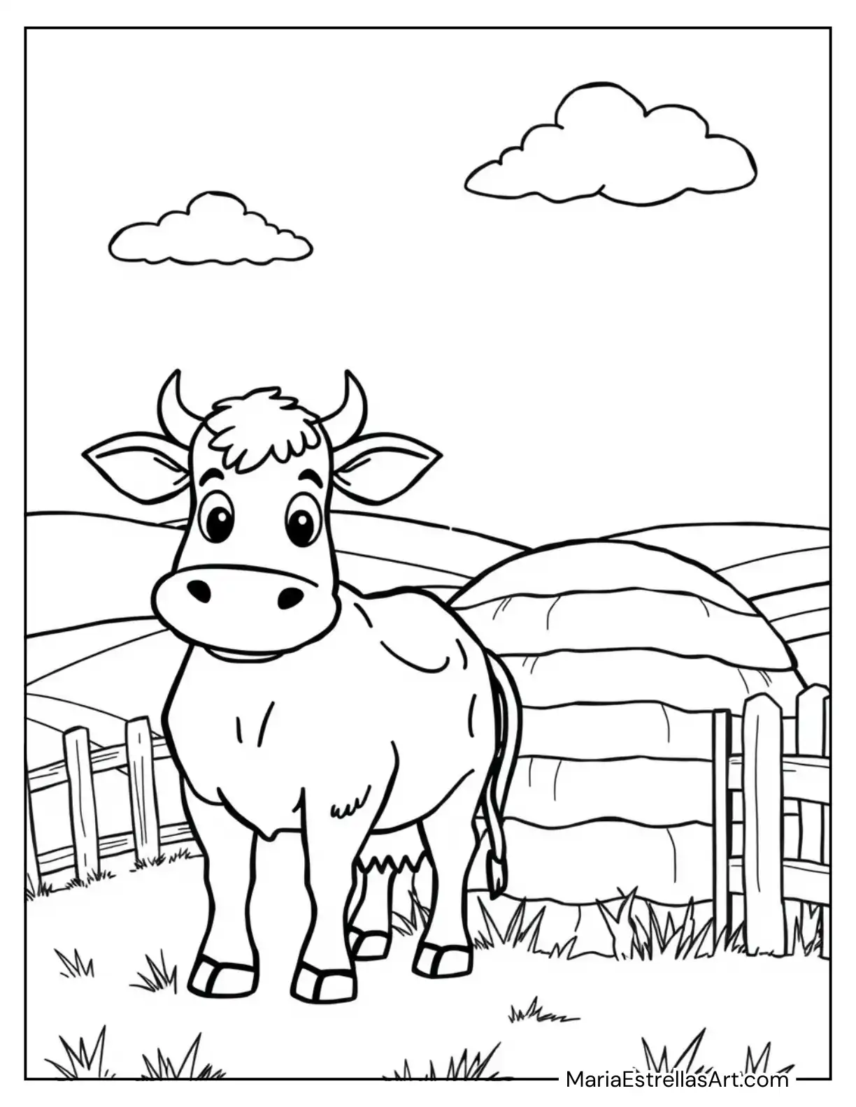 Cow Standing Beside a Haystack to Color for Kids