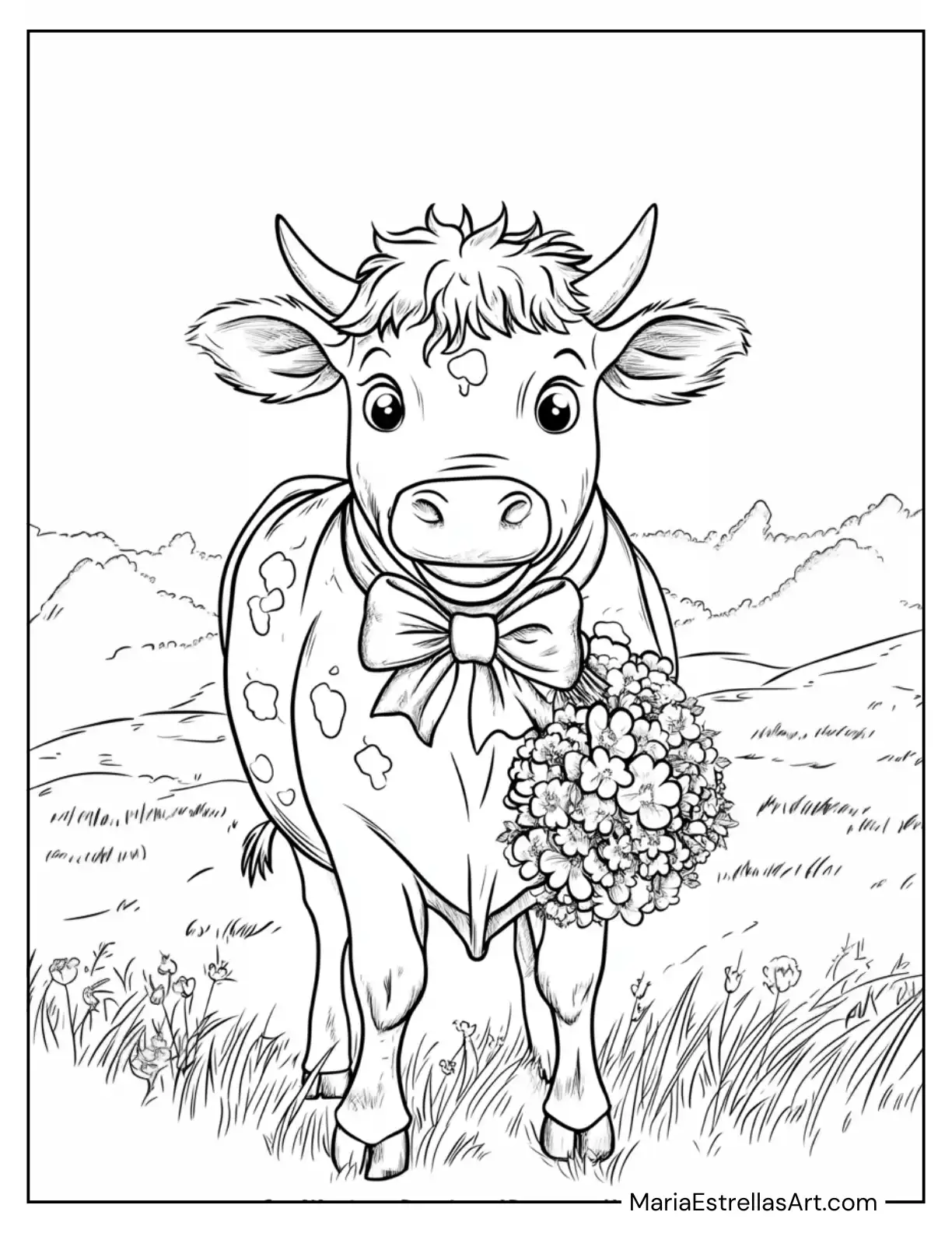 Cow Wearing a Bowtie With a Bouquet to Color for Kids