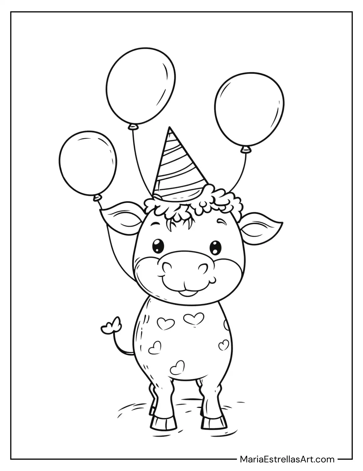 Cow With a Birthday Hat and Balloons to Color for Kids