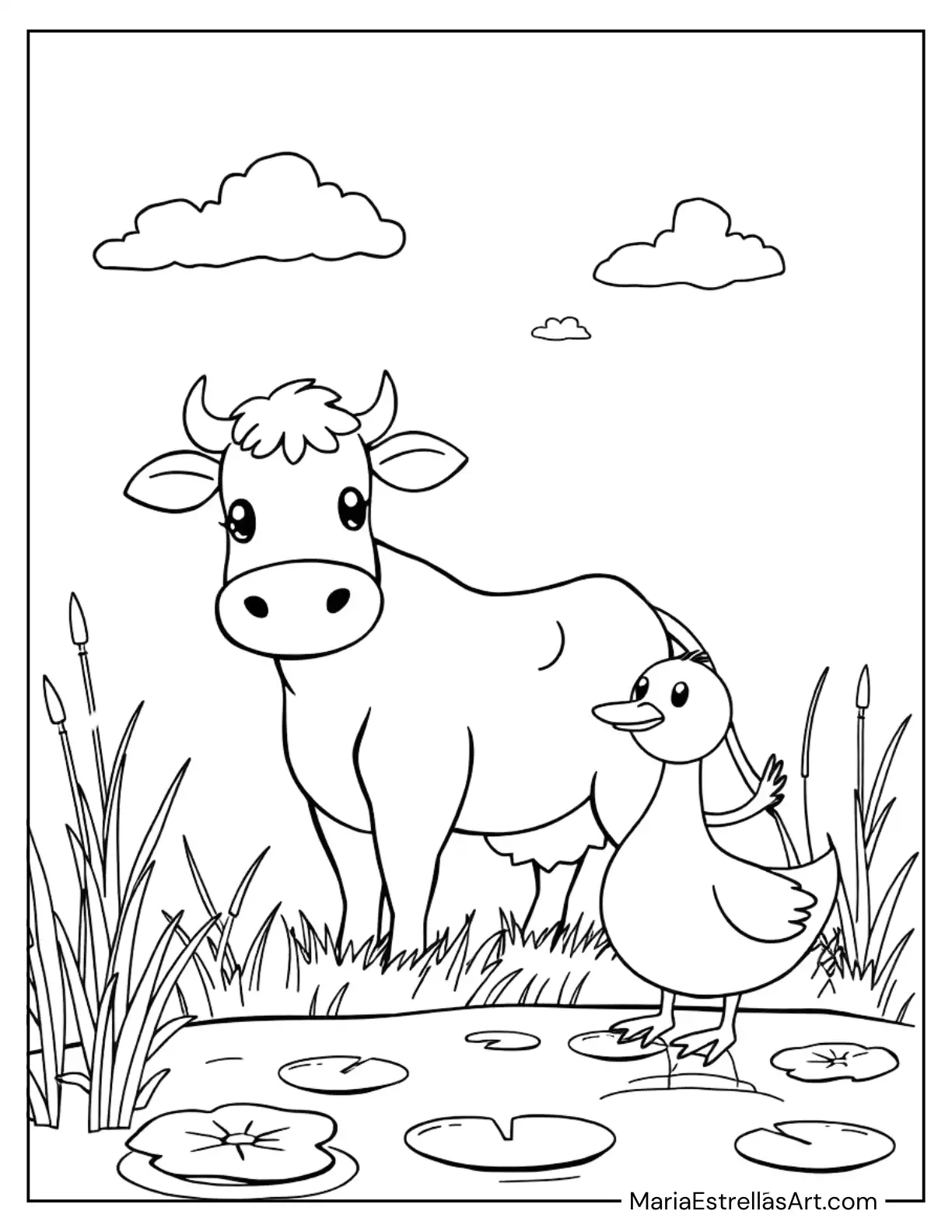 Cow and Duck Friends by the Pond Coloring Sheet