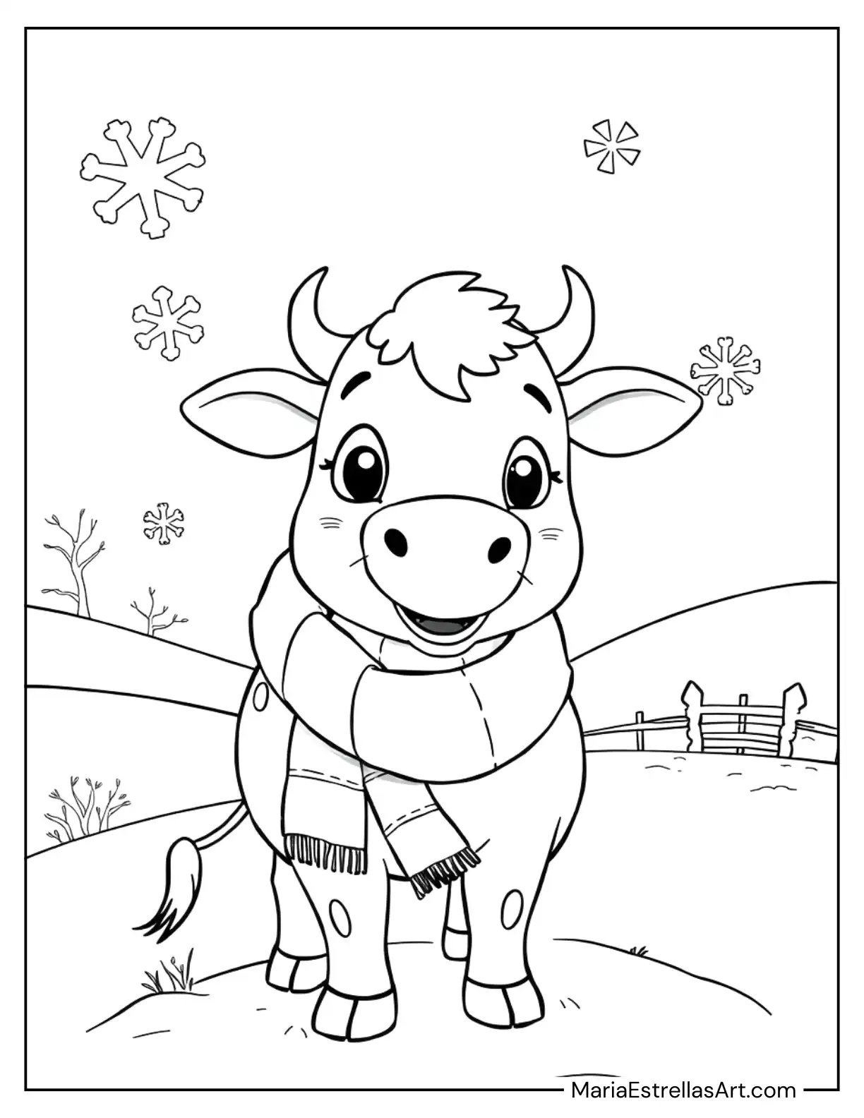 Cow in a Cozy Winter Scarf Coloring Page