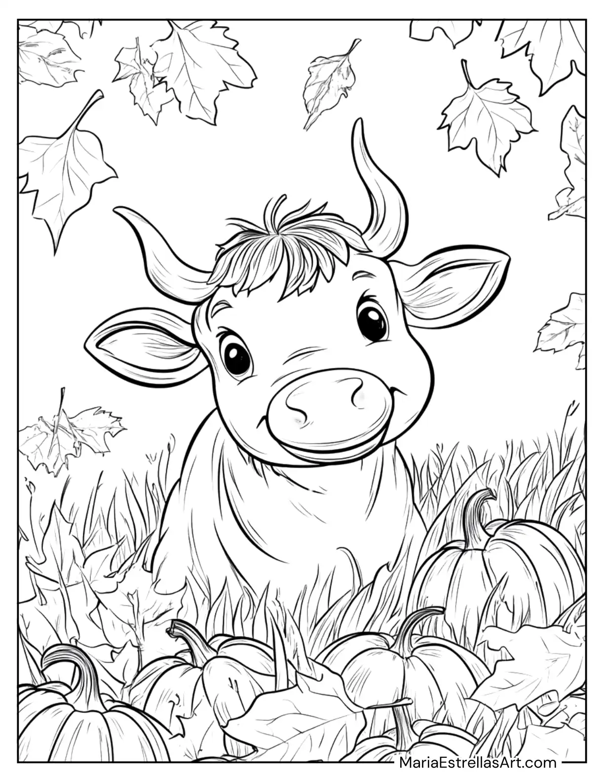 Cow in a Field of Pumpkins and Autumn Leaves Coloring Sheet