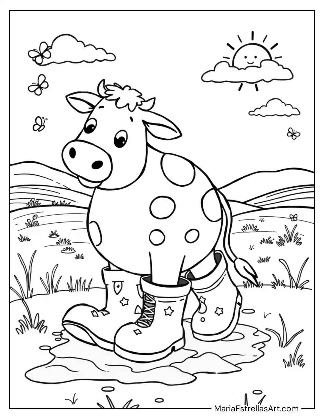 Cow with Big Boots Walking in a Muddy Field Coloring Page