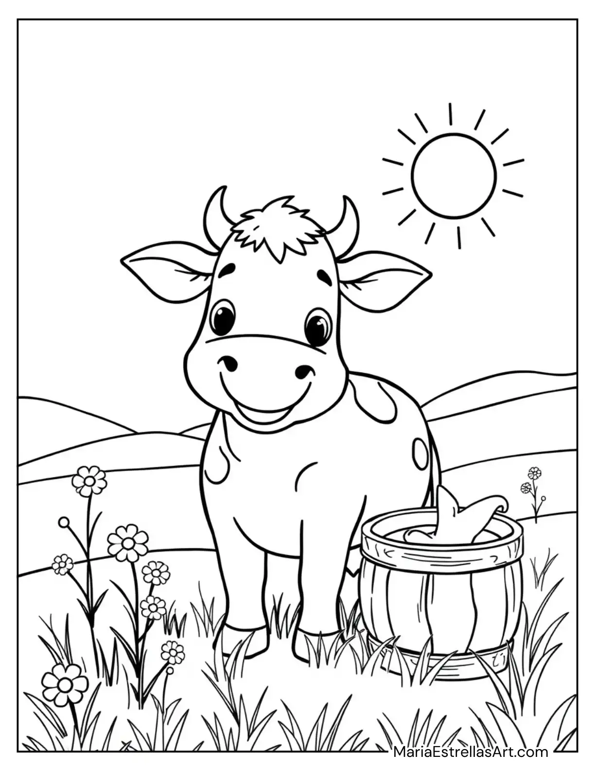 Cow with a Bucket of Milk in a Sunny Field Coloring Page