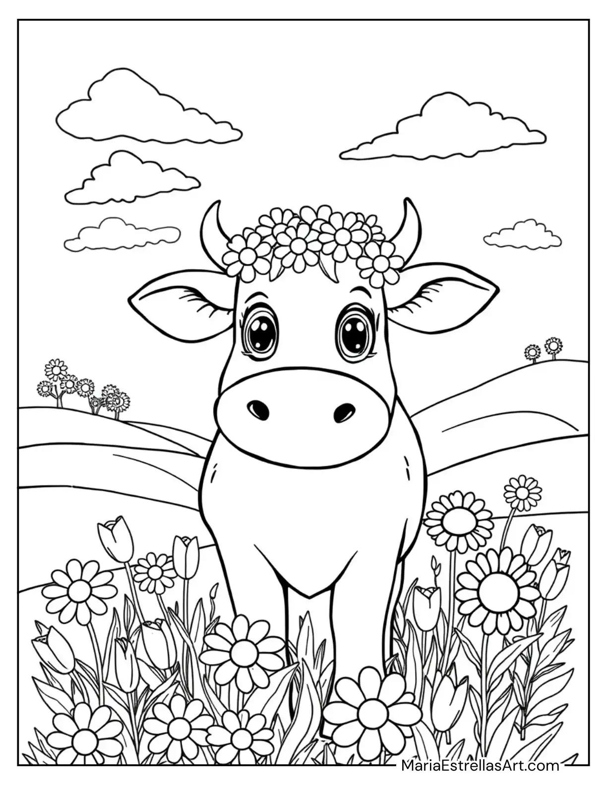 Cow with a Daisy Crown on Its Head Coloring Page