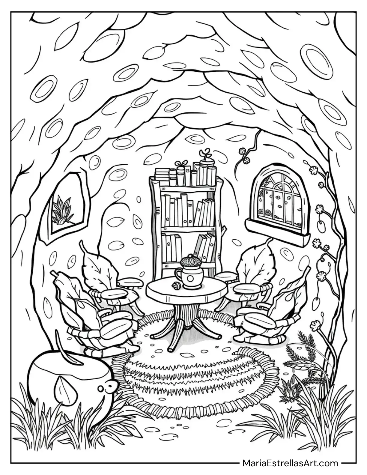 Cozy Anthill Living Room with Tiny Furniture and Warm Lighting Coloring Page