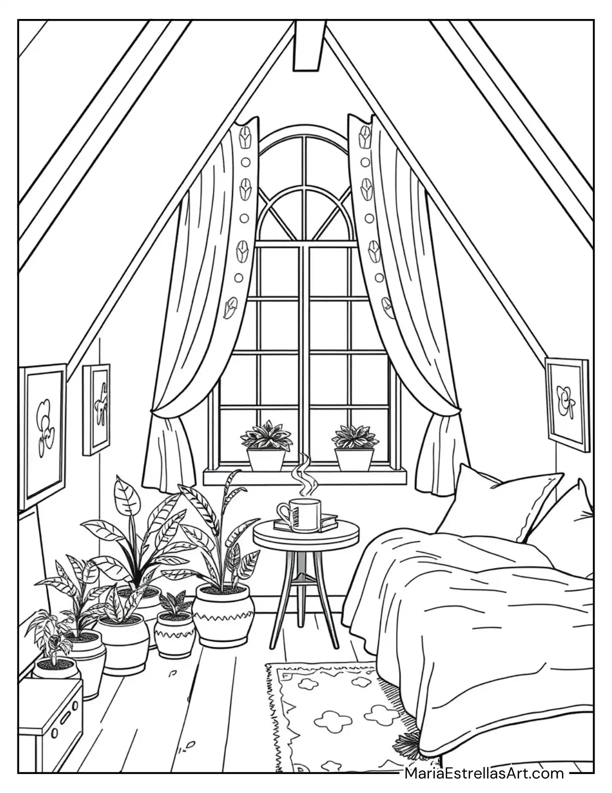 Cozy Attic Bedroom with a Large Window and Flower Pots Coloring Sheet