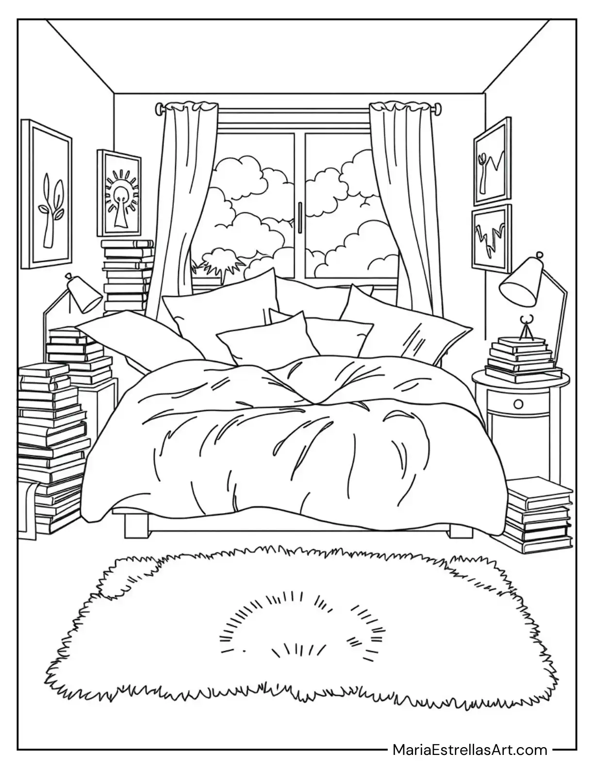 Cozy Bedroom with a Fluffy Bed and Stacks of Books Coloring Sheet