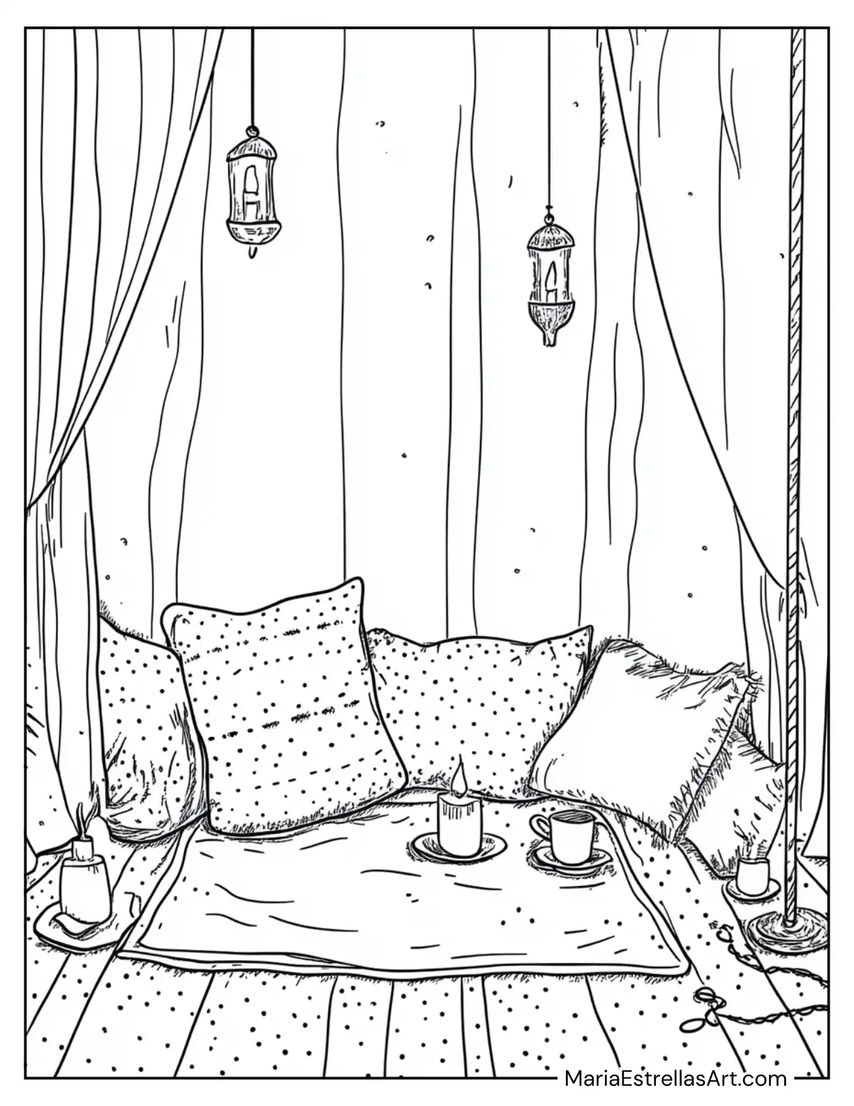 Cozy Boho Corner With Pillows, Candles, and a Cup of Tea Coloring Page