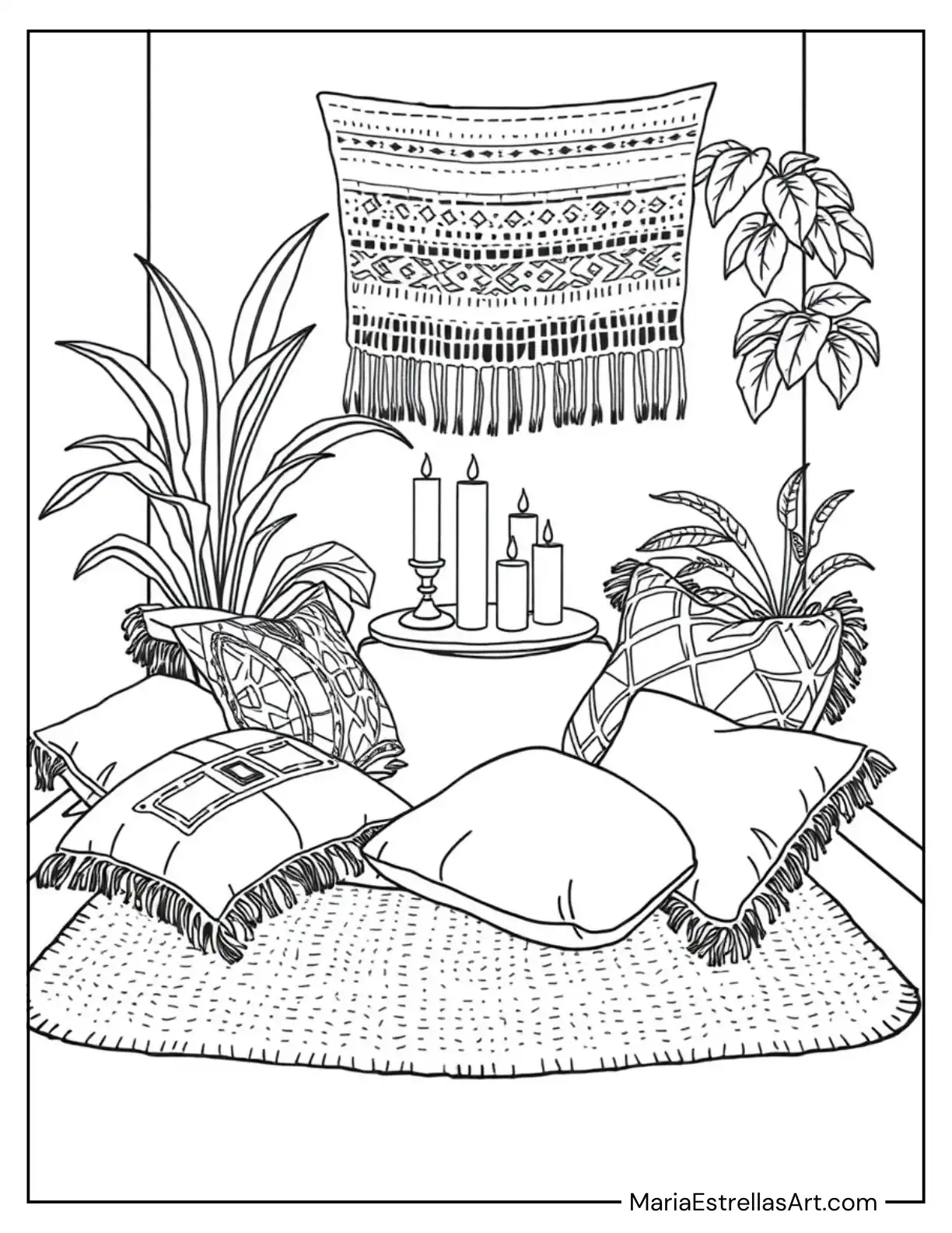 Cozy Boho Nook with Pillows and Candles Coloring Sheet