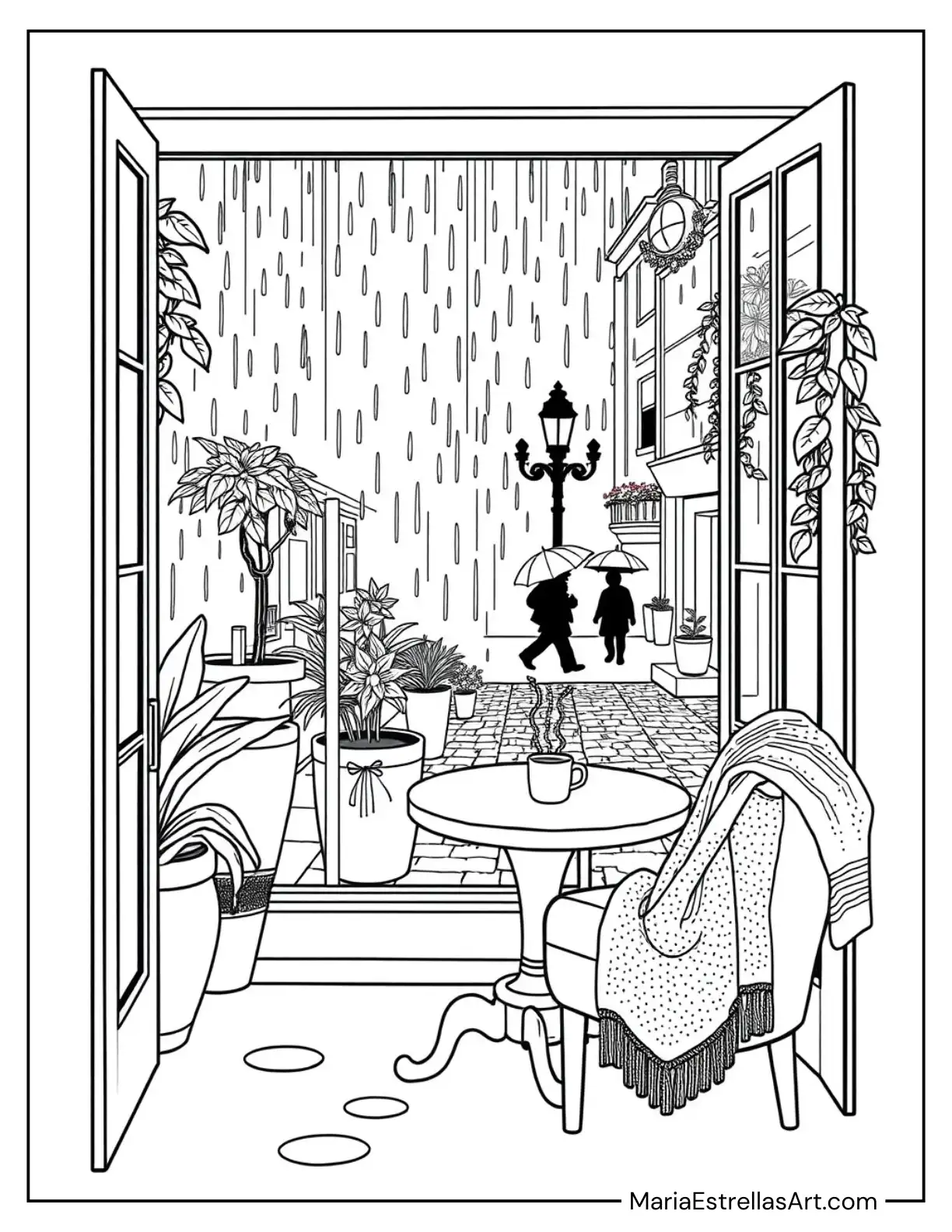 Cozy Cafe Window Scene with Rain Outside Coloring Page