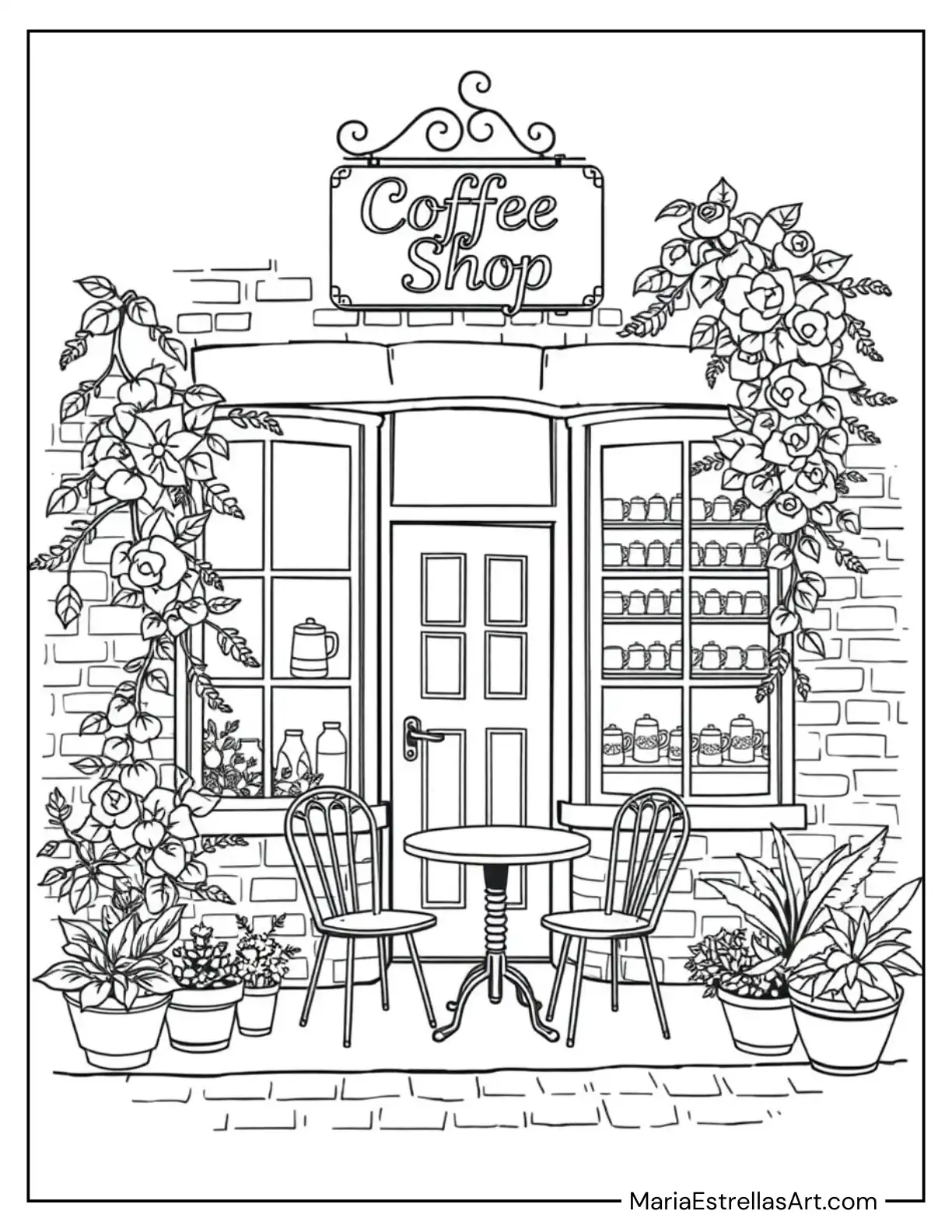 Cozy Coffee Shop with Overgrown Ivy Climbing the Brick Walls Coloring Page