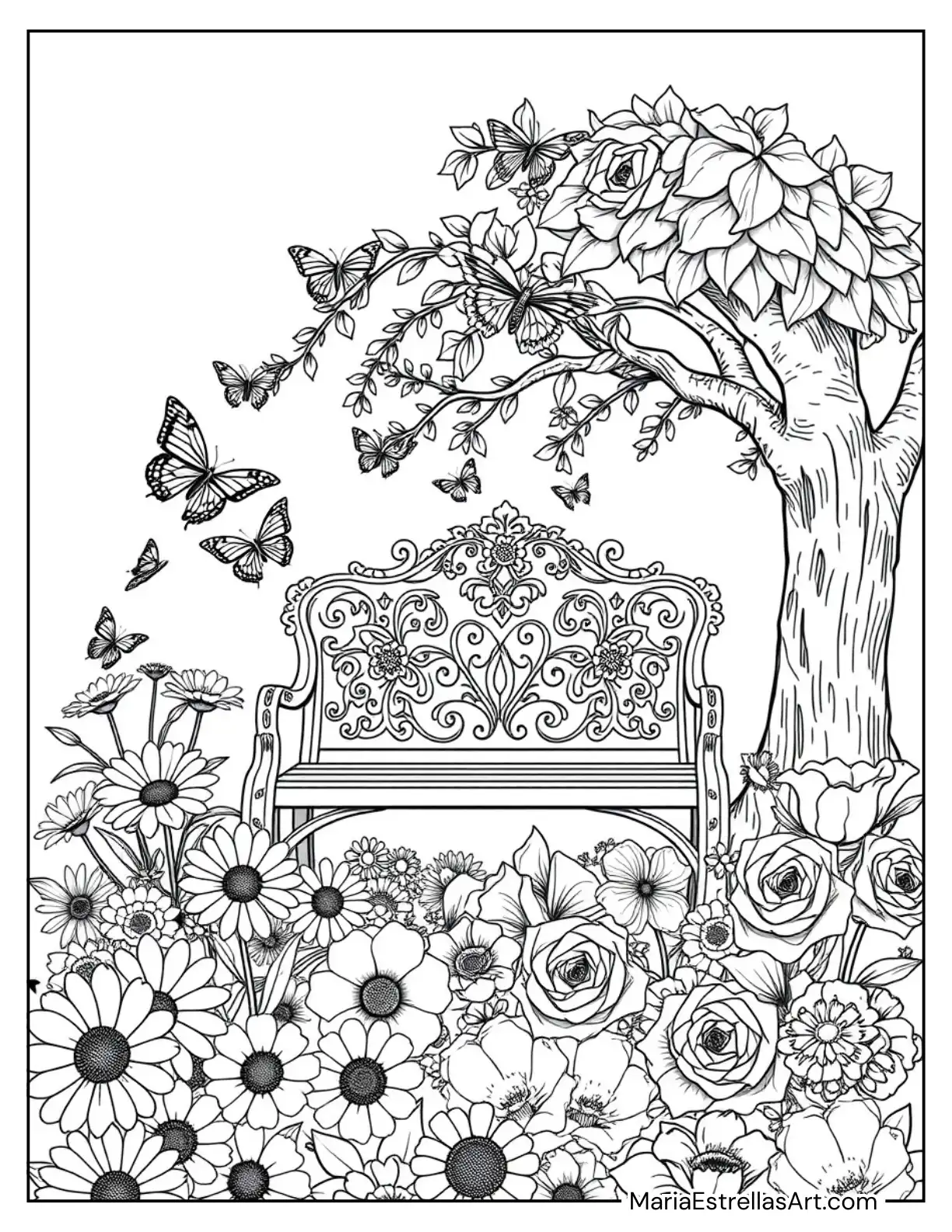 Cozy Garden Bench with Flowers and Butterfly Visitors Coloring Sheet