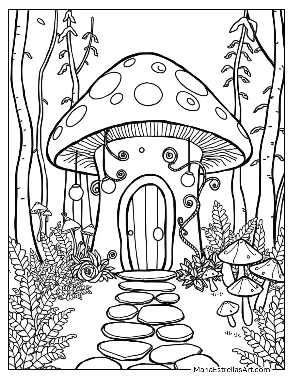 Cozy Mushroom House with Soft Lights and a Welcoming Door Coloring Sheet