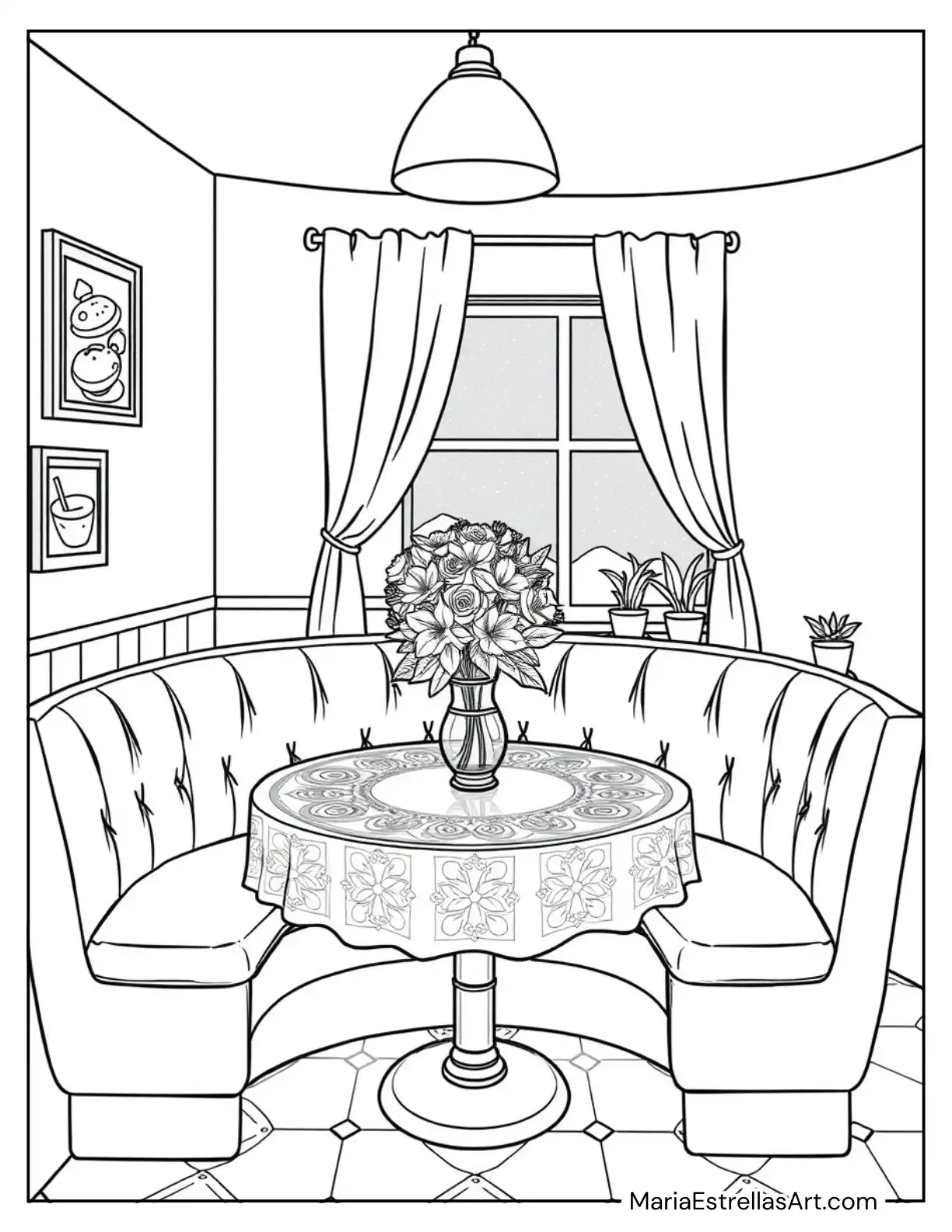 Cozy Restaurant Booth with Soft Lighting and Fresh Flowers Coloring Sheet