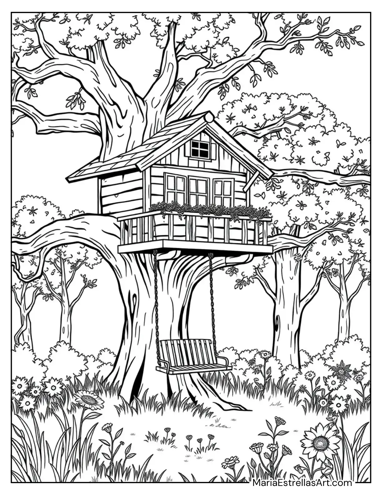 Cozy Rustic Treehouse with a Wooden Swing in a Forest Clearing Coloring Page