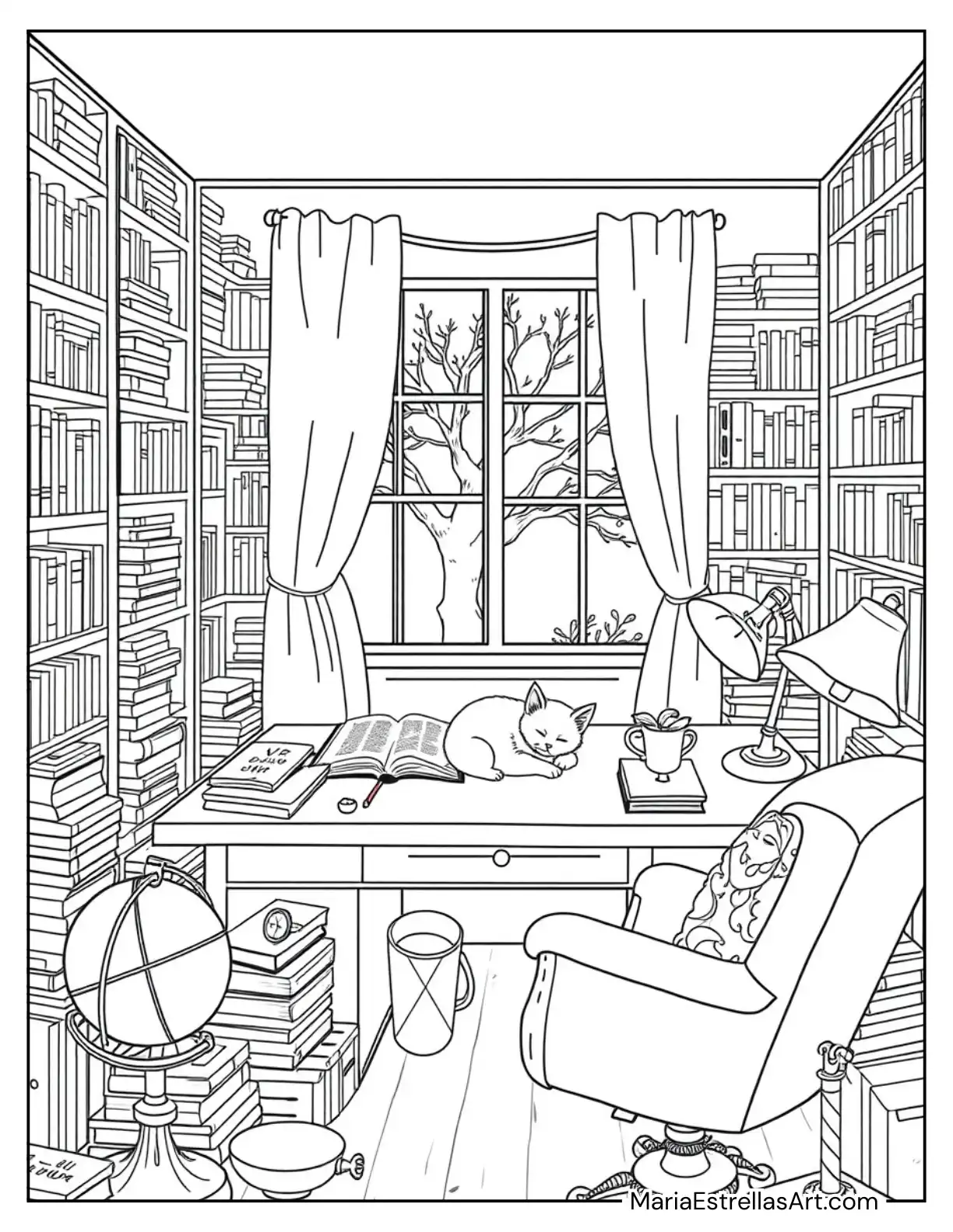 Cozy Study Room with a Kitten Dozing on a Desk Full of Books Coloring Sheet