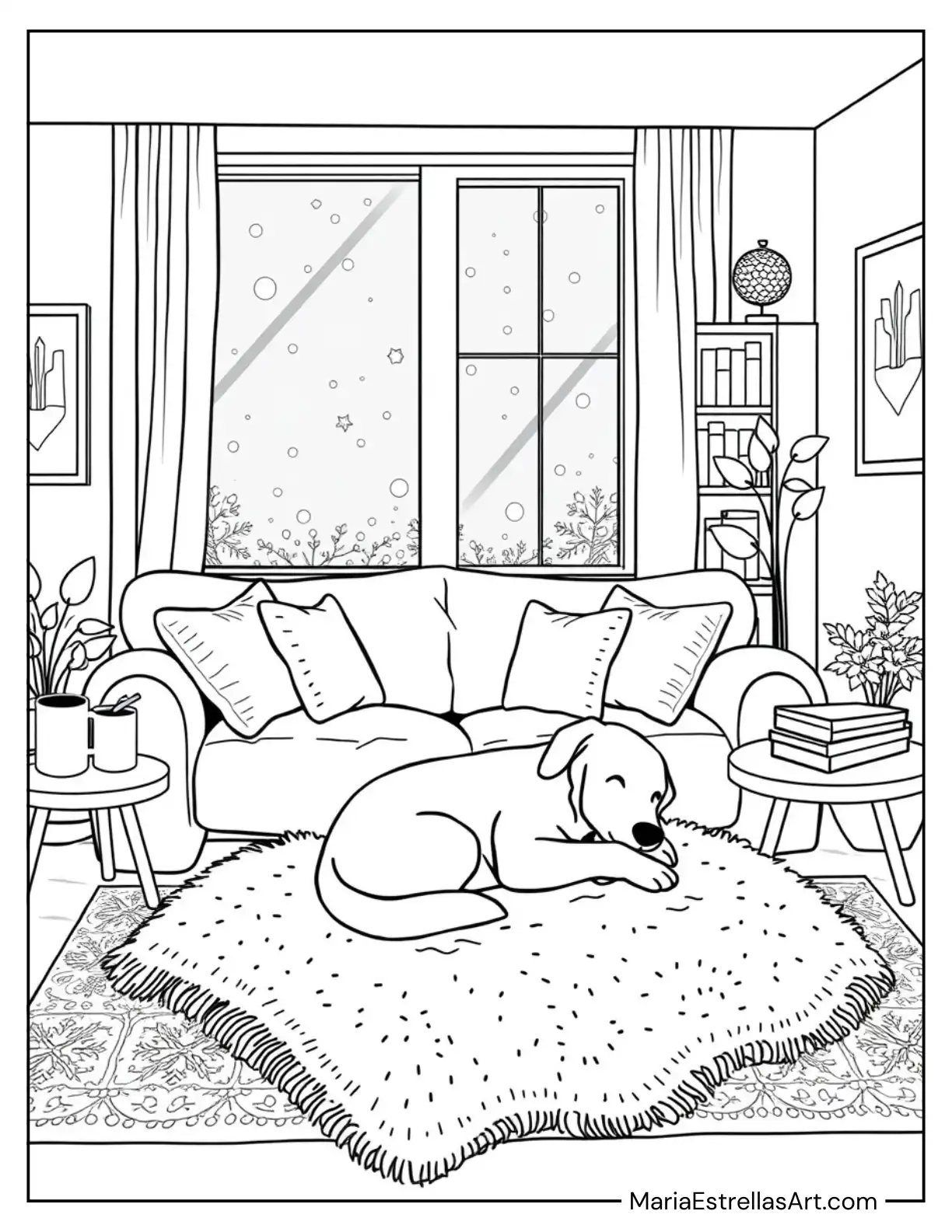 Cozy Winter Living Room with Dog Curled Up on a Blanket by the Window Coloring Sheet