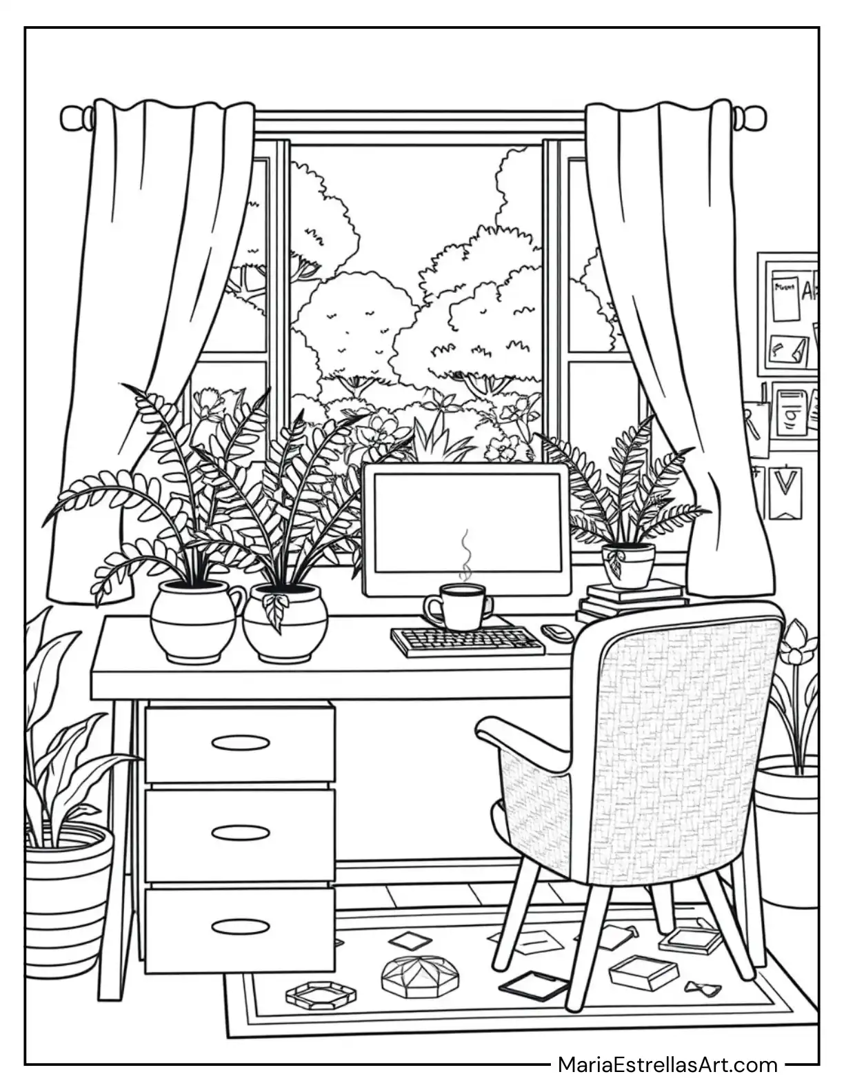 Cozy Workstation with Desktop, Ferns, and Window View Coloring Page