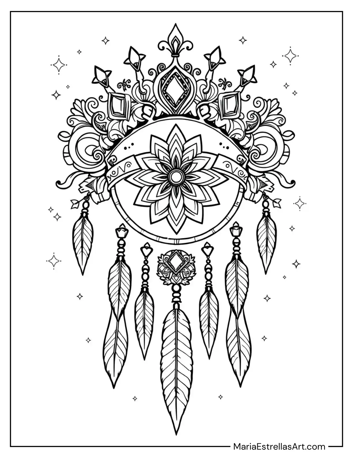 Crown Dreamcatcher with Regal Jewels and Feathers Coloring Sheet